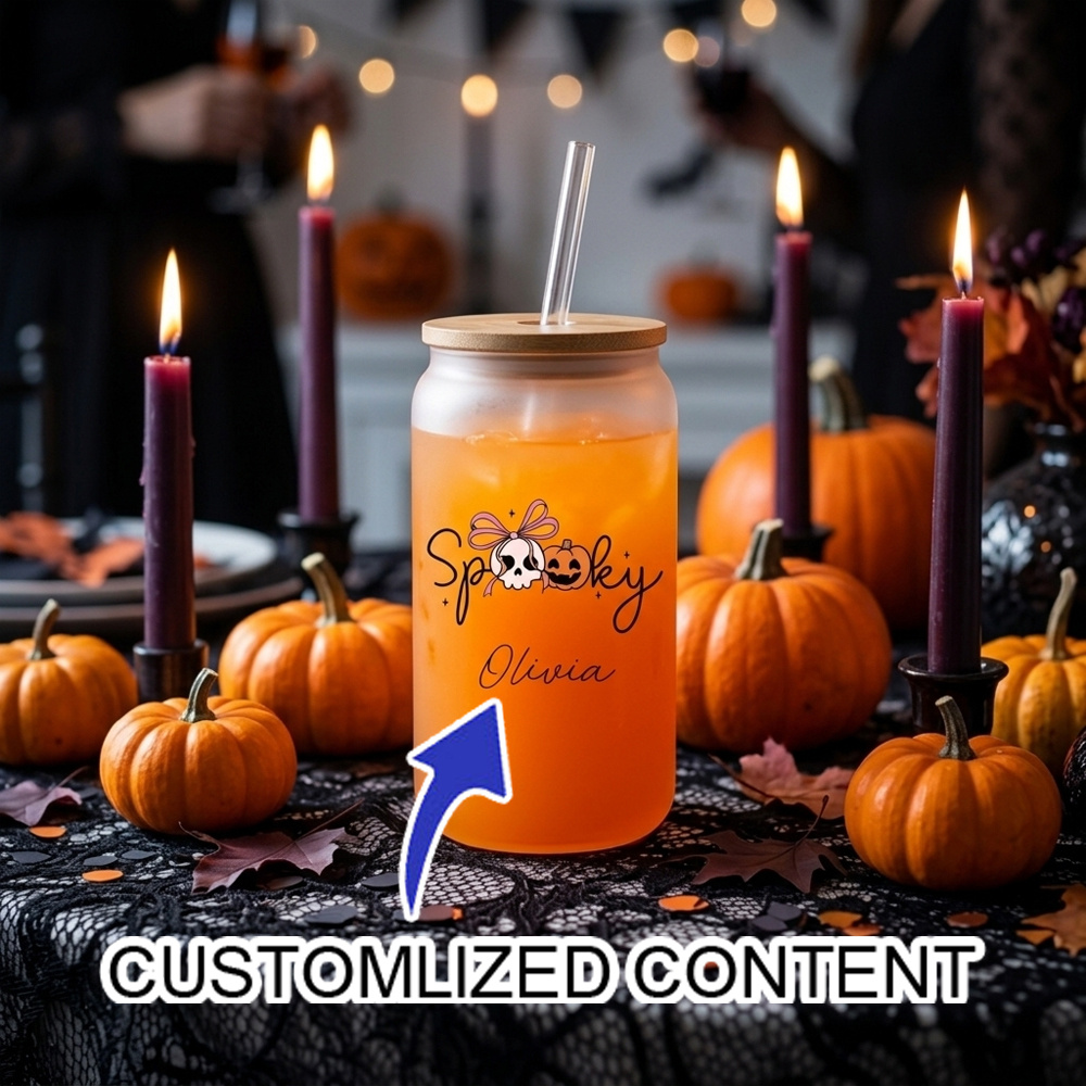 Coffee Equipment With Name - カスタム名入れ スポーキーハロウィン グラスカップ 竹製蓋とストロー付き、クリア＆フロスト2種類のスタイル、再利用可能なアイスコーヒー用ドリンクカップ