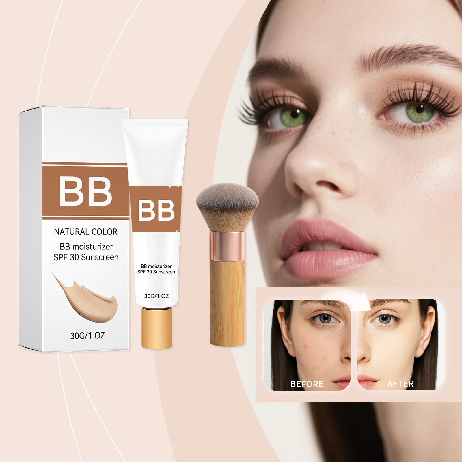 Group Head Brush - SPF30配合の色付き保湿BBクリーム、ヒアルロン酸配合で肌に潤いを与え、自然な輝きを生み出すファンデーション＆エコブラシ付きフェイスメイク