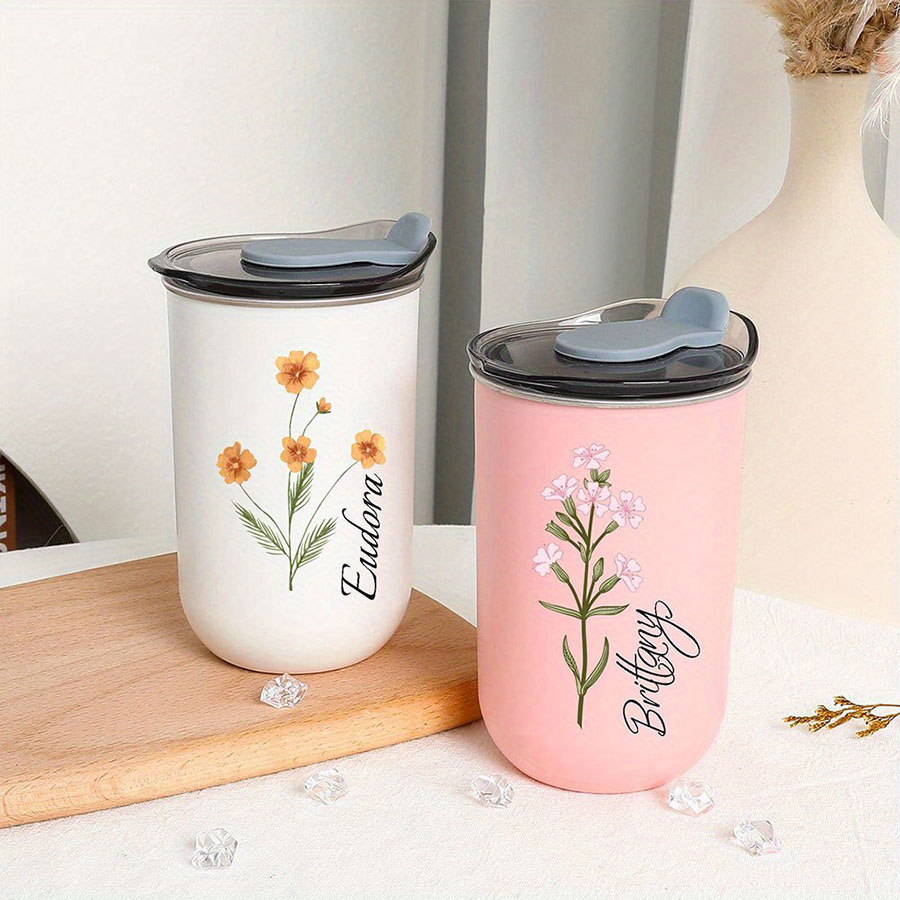 Coffee Equipment With Name - パーソナライズされた名前入り誕生花柄断熱コーヒータンブラー、カスタムフローラルプリントステンレススチール製トラベルマグ、フリップ蓋付き