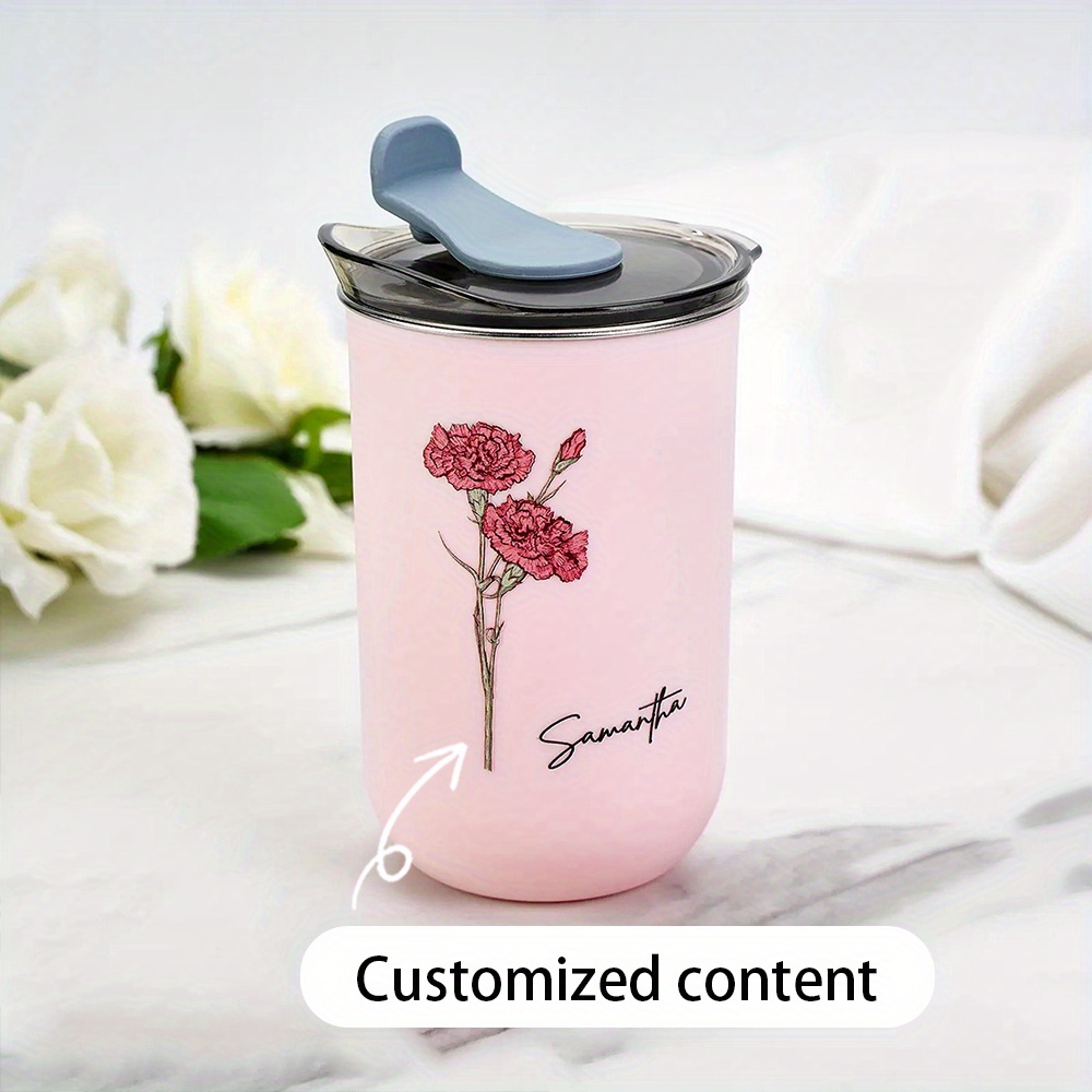 Coffee Equipment With Name - パーソナライズされた誕生花柄コーヒータンブラー、カスタムネーム入りステンレス製トラベルマグ、女性向けカスタム花柄保温カップギフト