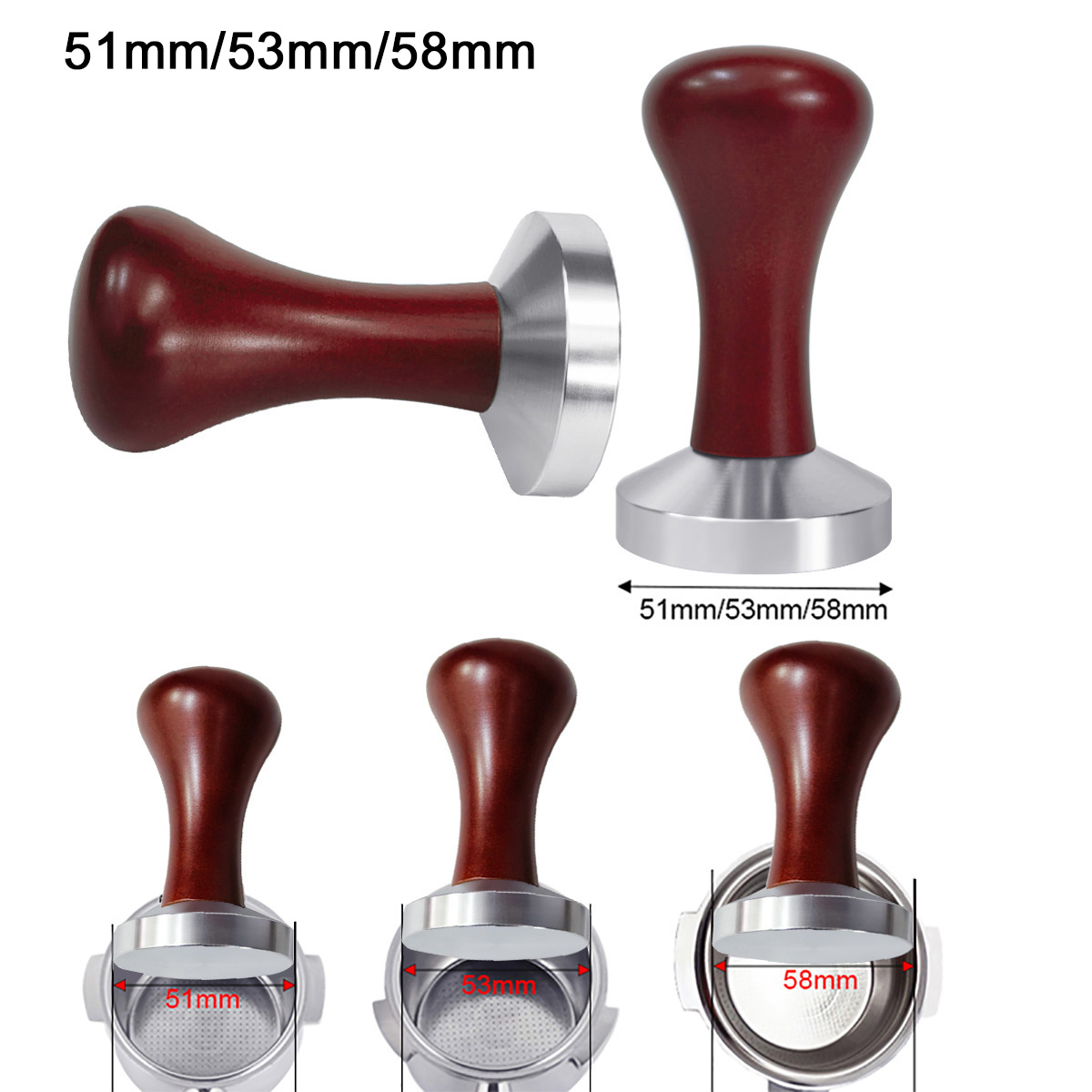 Espresso Tamper Set - 51mm 53mm 58mmエスプレッソタンパーコーヒーバリスタフラットベースのコーヒータンパー木制ハンドル付き