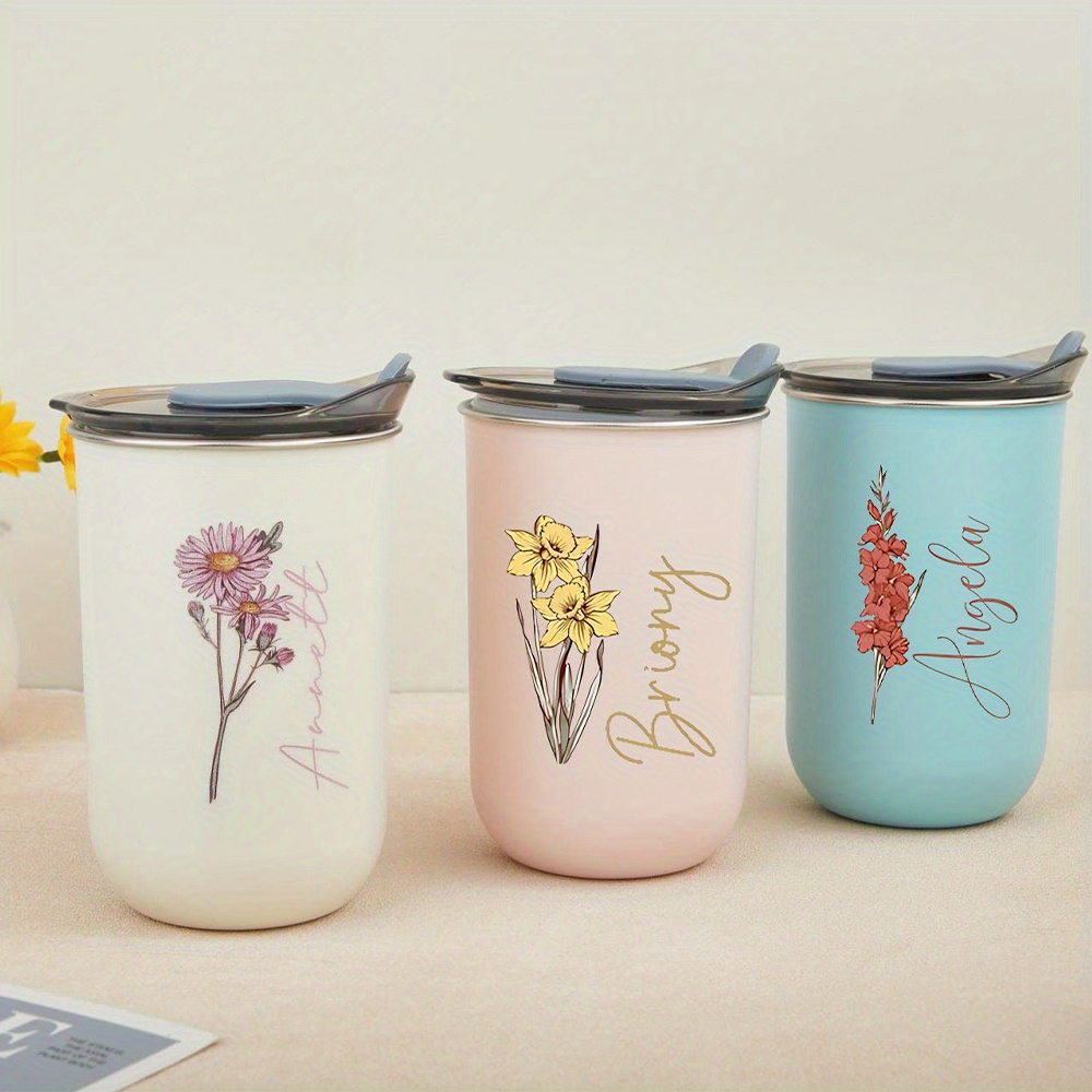 Coffee Equipment With Name - カスタムバースフラワー ステンレススチール製蓋付きカップ、名前入り断熱コーヒーカップ、花柄トラベルマグ 女性へのギフト。