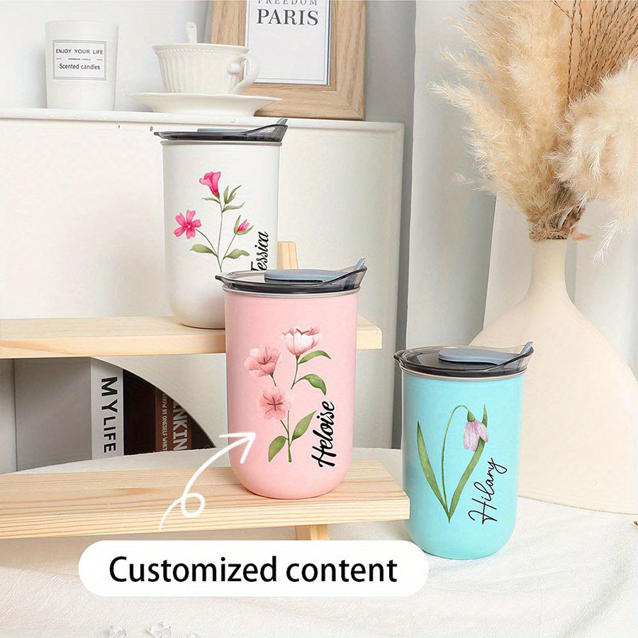 パーソナライズされた名前入り誕生花柄断熱コーヒータンブラー、 - Coffee Equipment With Name のレビューと価格
